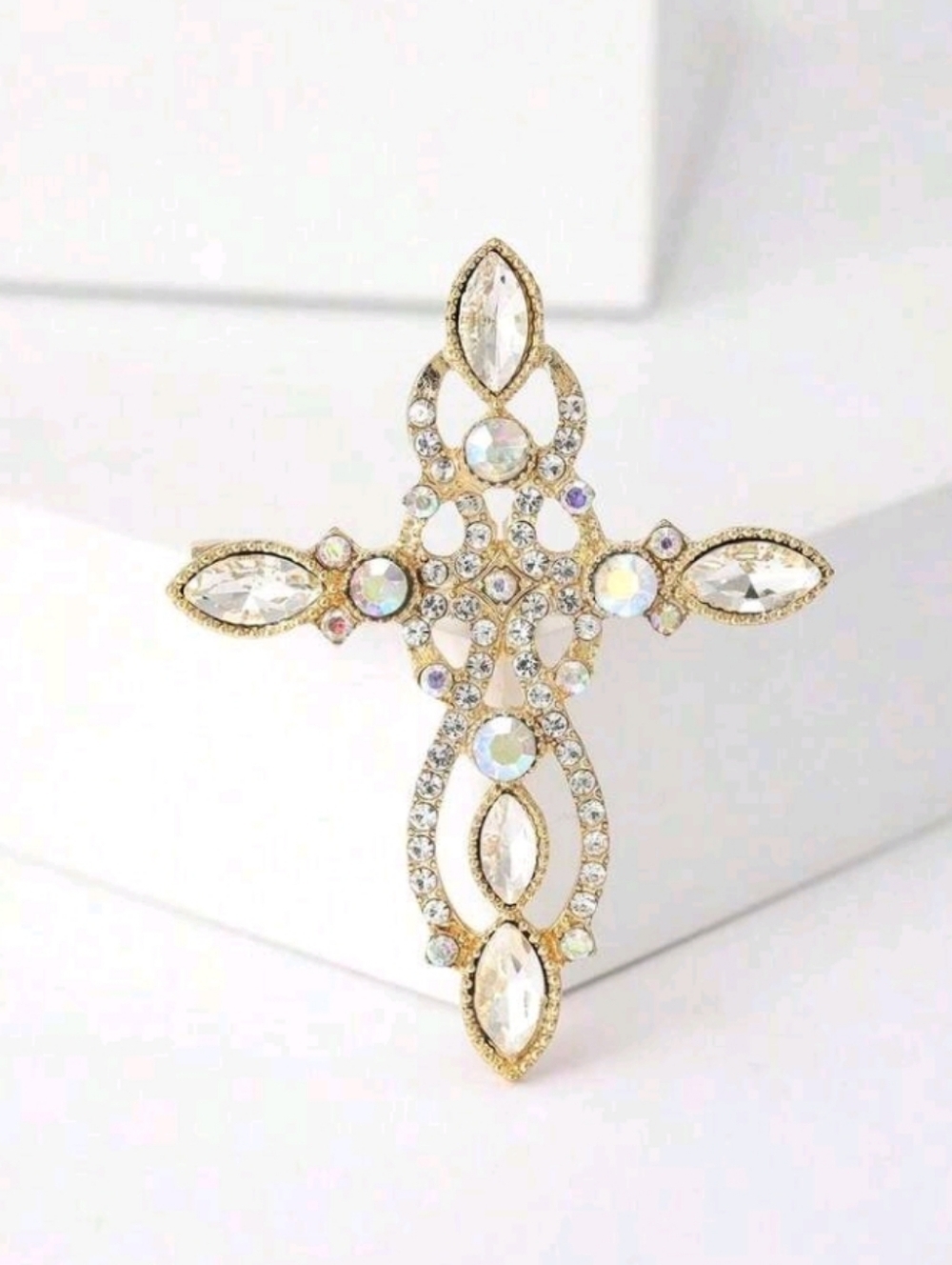 Golden Iridescent Rhinestone Cross Brooch Pin